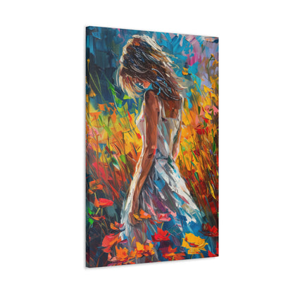 a girl standing in flower field Digital Oil Painting Print Canvas Gallery Wraps