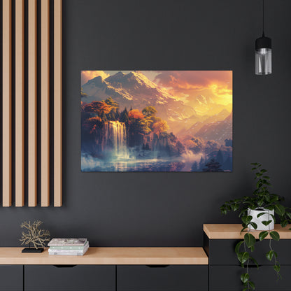 Dreamy Landscape Sunset with Waterfall and Mountains - Digital Illustration Canvas Gallery Wraps