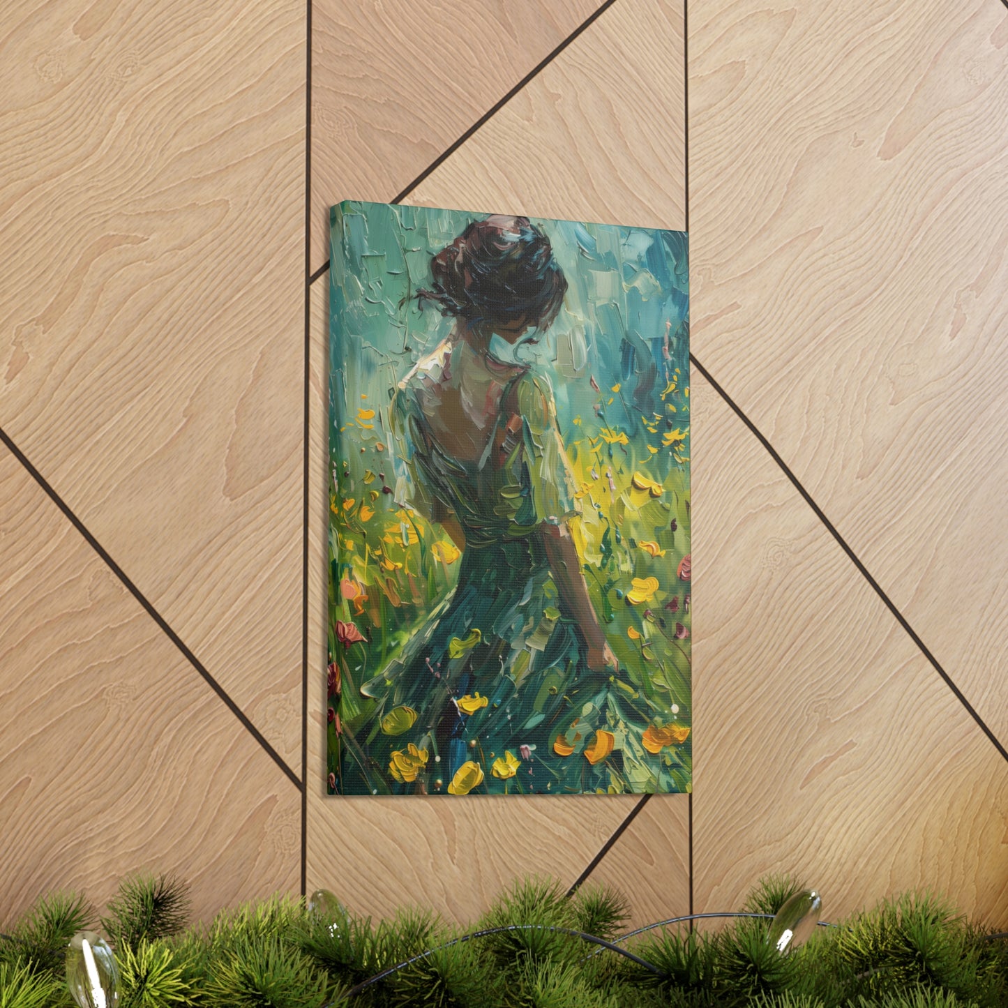 girl in a flower field wearing a green dress Digital Oil Painting Print Canvas Gallery Wraps