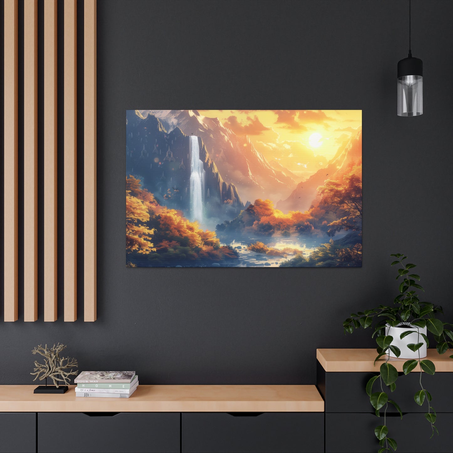 Dreamy Landscape - Waterfall and Mountains in Golden Morning Illustration Canvas Gallery Wraps