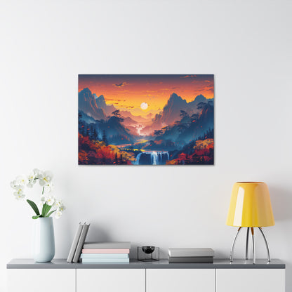 Dreamy Landscape Sunset with Waterfall and Mountains - Digital Illustration Canvas Gallery Wraps