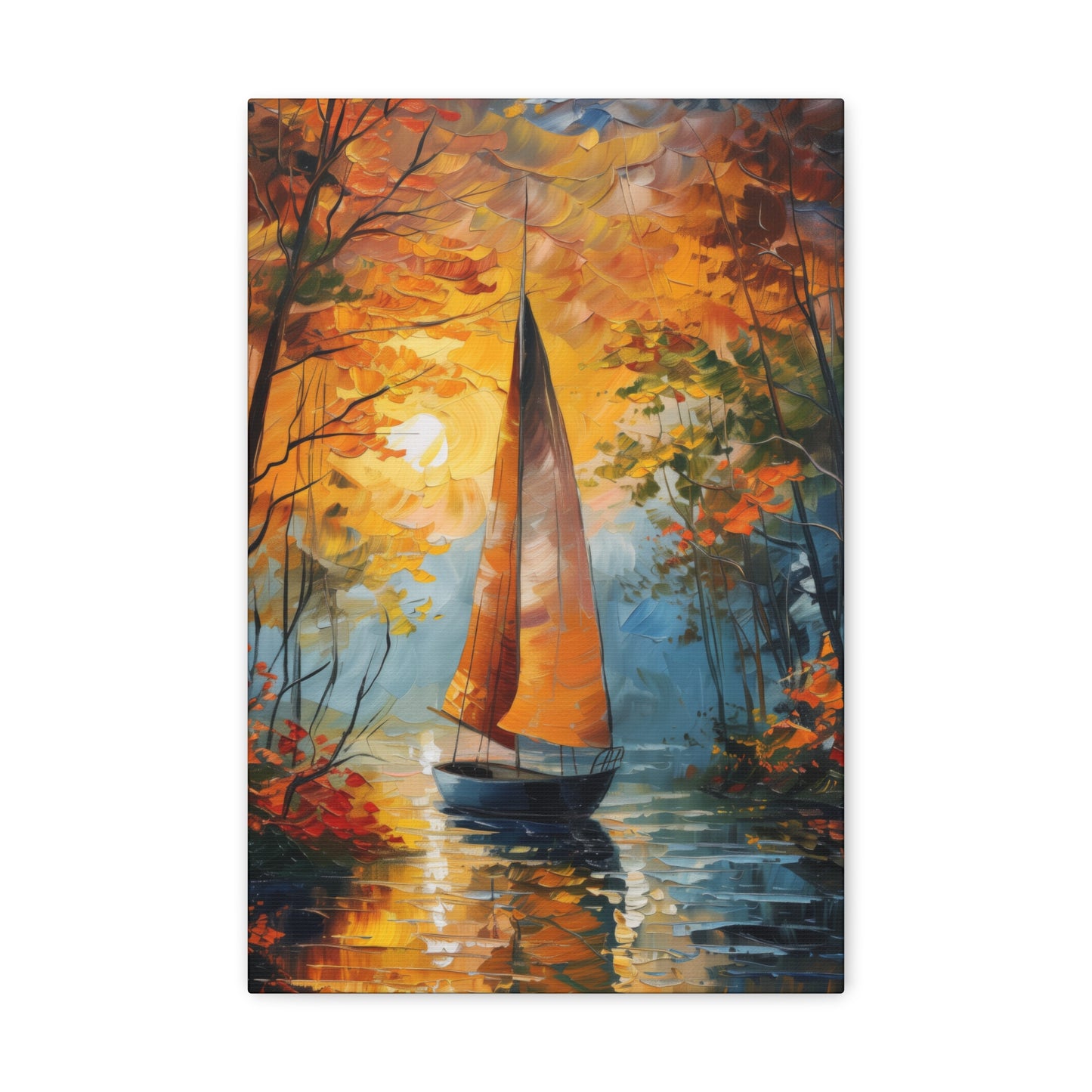 A Boat Sailing Through the Wild River - Leonid Afremov Style Digital Oil Painting Canvas Gallery Wraps