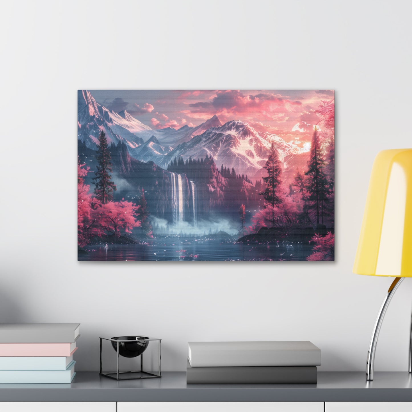 Dreamy Landscape Sunset with Waterfall and Mountains - Digital Illustration Canvas Gallery Wraps