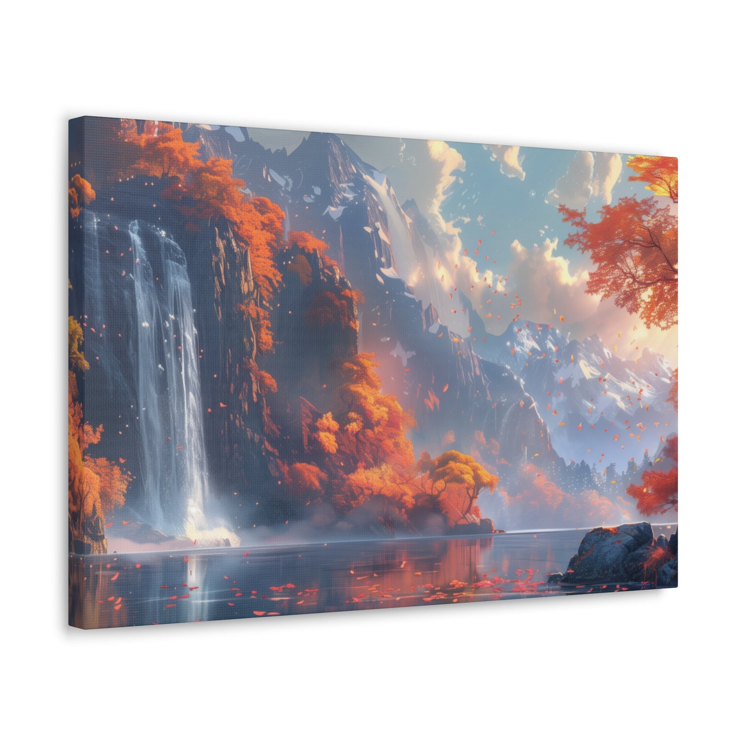 Dreamy Landscape Sunset with Waterfall and Mountains - Digital Illustration Canvas Gallery Wraps