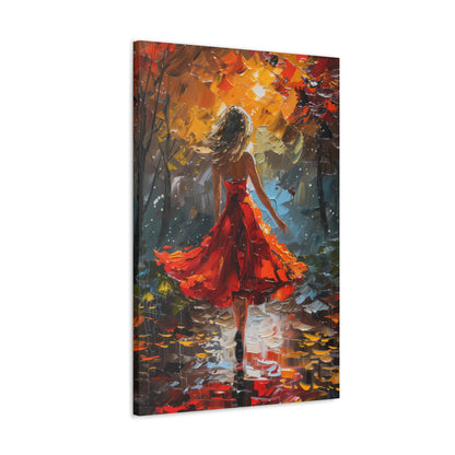 a girl in red dress walking through forest - Leonid Afremov Style Digital Print Canvas Gallery Wraps