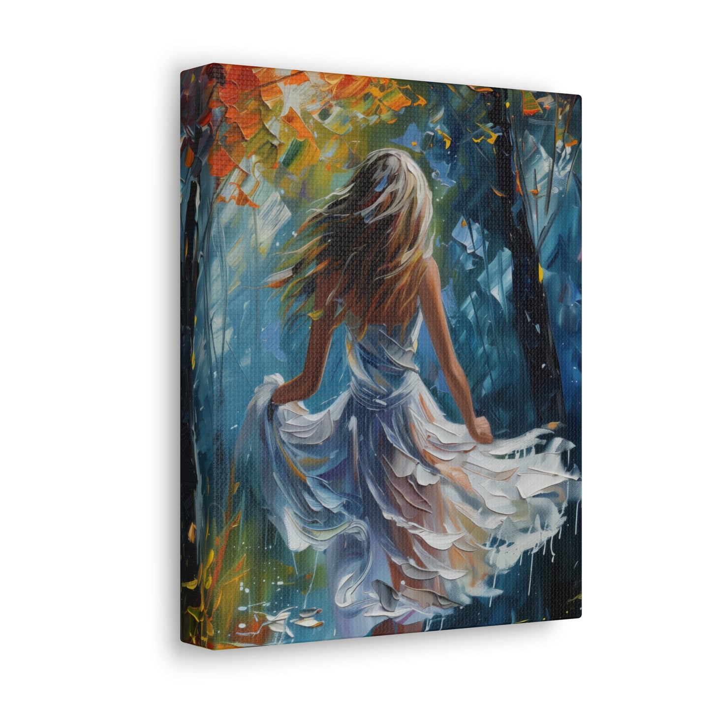 girl walking in the street wearing white dress - Leonid Afremov Style Digital Print Canvas Gallery Wraps