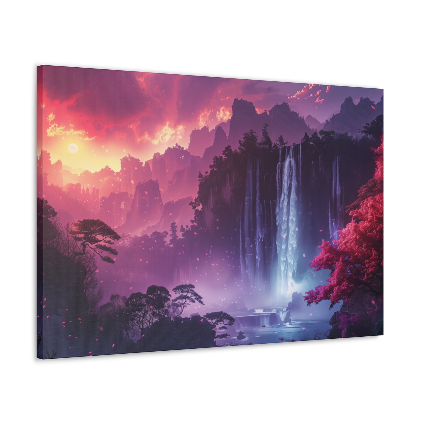 Dreamy Landscape Sunset with Waterfall and Mountains - Digital Illustration Canvas Gallery Wraps