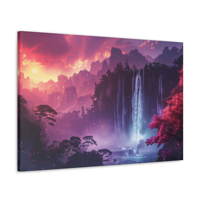 Dreamy Landscape Sunset with Waterfall and Mountains - Digital Illustration Canvas Gallery Wraps