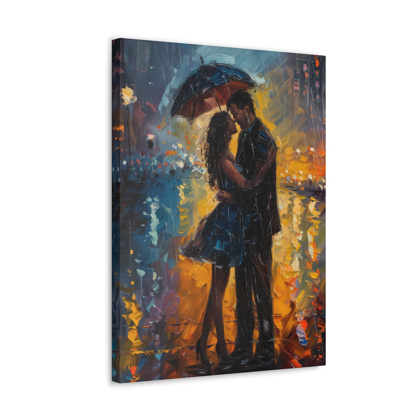 couple in the city streets in a rainy day with umbrella - Leonid Afremov Style Digital Print Canvas Gallery Wraps