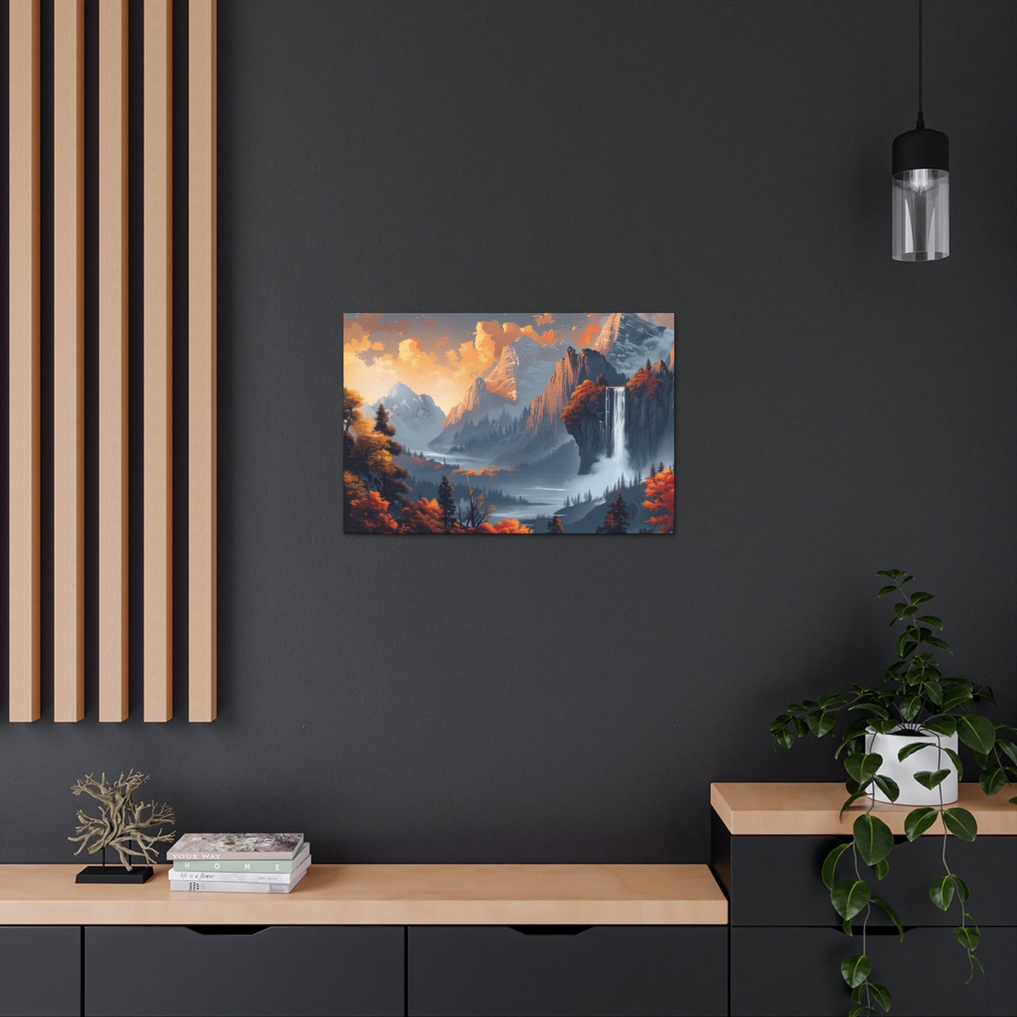 Dreamy Landscape Morning with Waterfall and Mountains - Digital Illustration Canvas Gallery Wraps