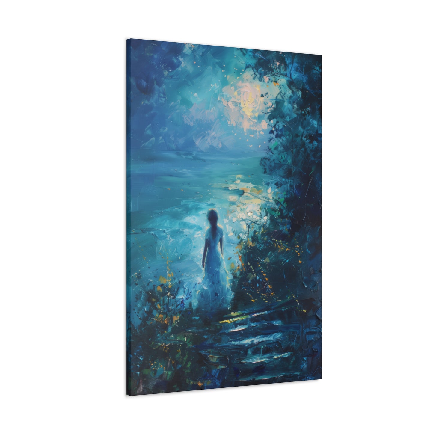 Woman looking at sea night time Digital Oil Painting Print Canvas Gallery Wraps