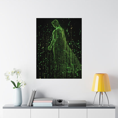 Neon Code Guardian: 3D Glitch Superman Matrix Effect - Digital Illustration Matte Vertical Poster