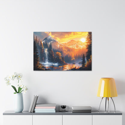 Dreamy Landscape Sunset with Waterfall and Mountains - Digital Illustration Canvas Gallery Wraps