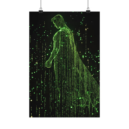 Neon Code Guardian: 3D Glitch Superman Matrix Effect - Digital Illustration Matte Vertical Poster