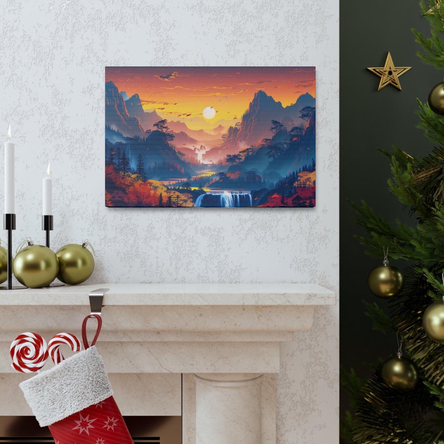 Dreamy Landscape Sunset with Waterfall and Mountains - Digital Illustration Canvas Gallery Wraps