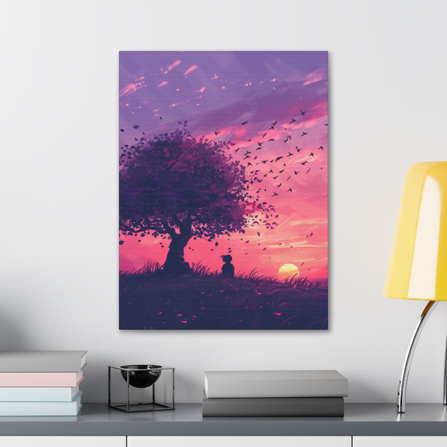 Tree in a Purple Sunset Digital Illustration Canvas Gallery Wraps