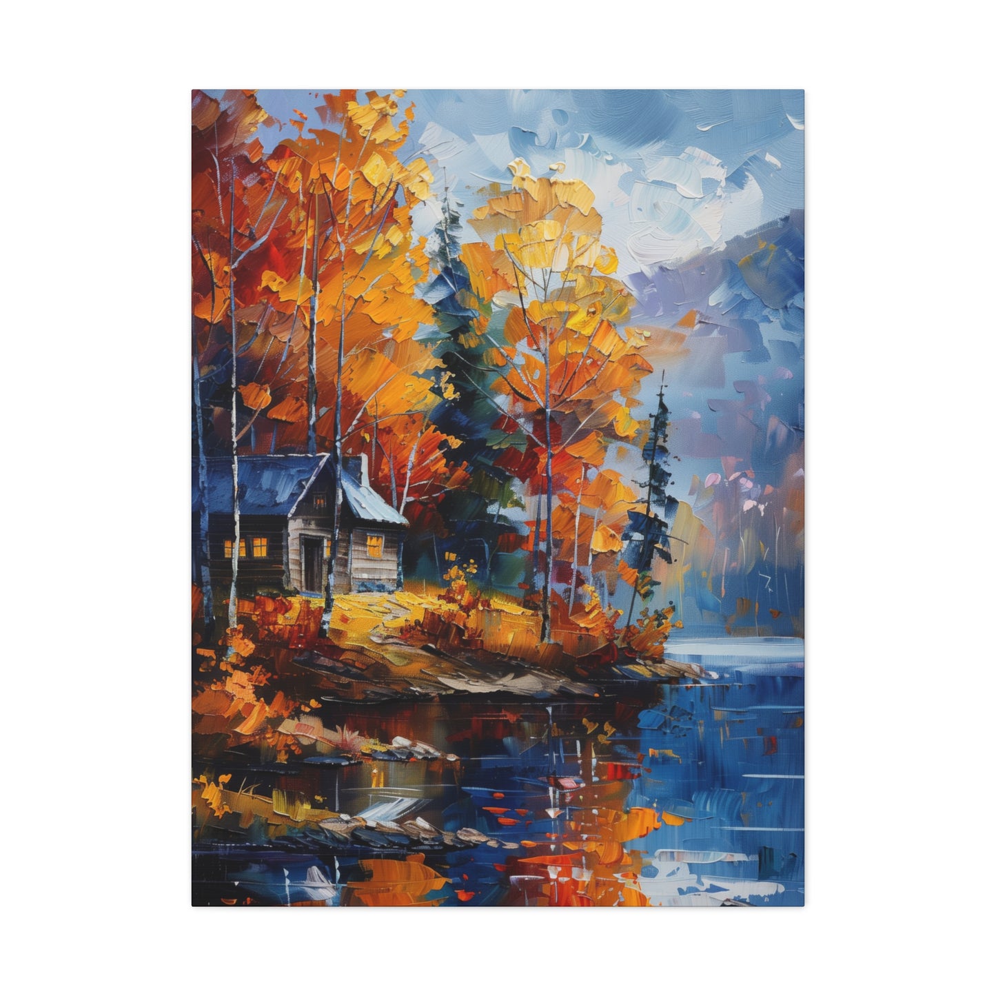 a house near the river which flows through autumn forest - Leonid Afremov Style Digital Print Canvas Gallery Wraps