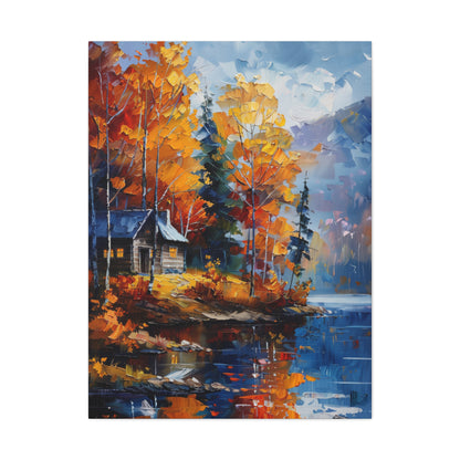 a house near the river which flows through autumn forest - Leonid Afremov Style Digital Print Canvas Gallery Wraps