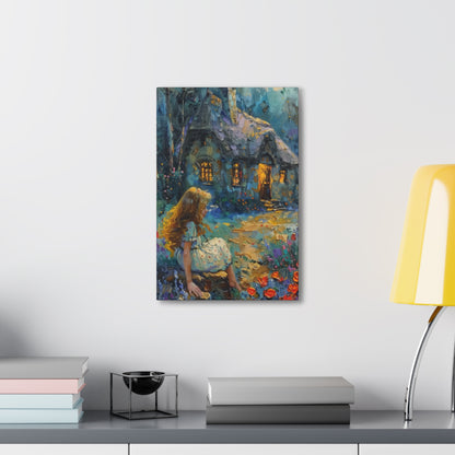 little girl sitting front of a hut in countryside Digital Oil Painting Print Canvas Gallery Wraps