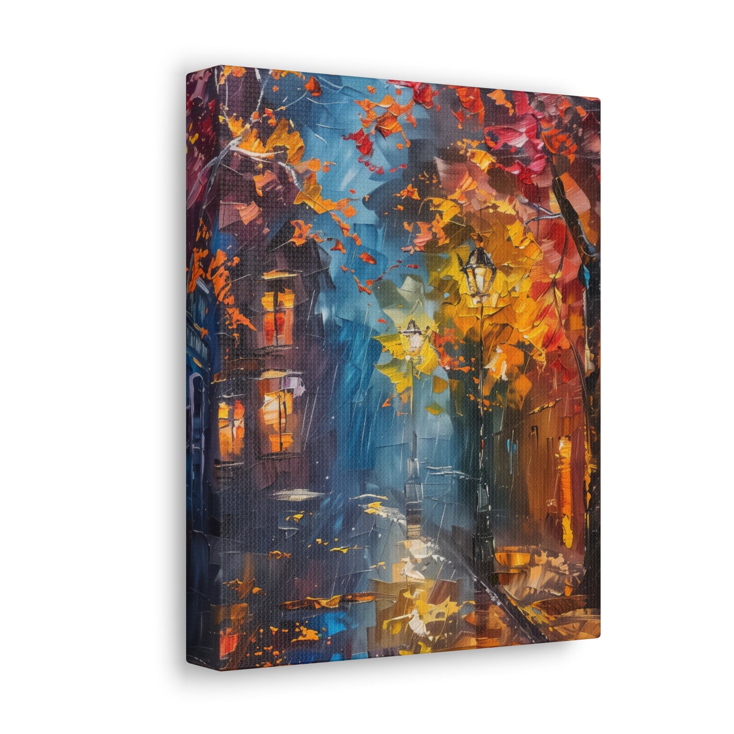 Nighttime Street in Autumn - Leonid Afremov Style Digital Oil Painting Canvas Gallery Wraps