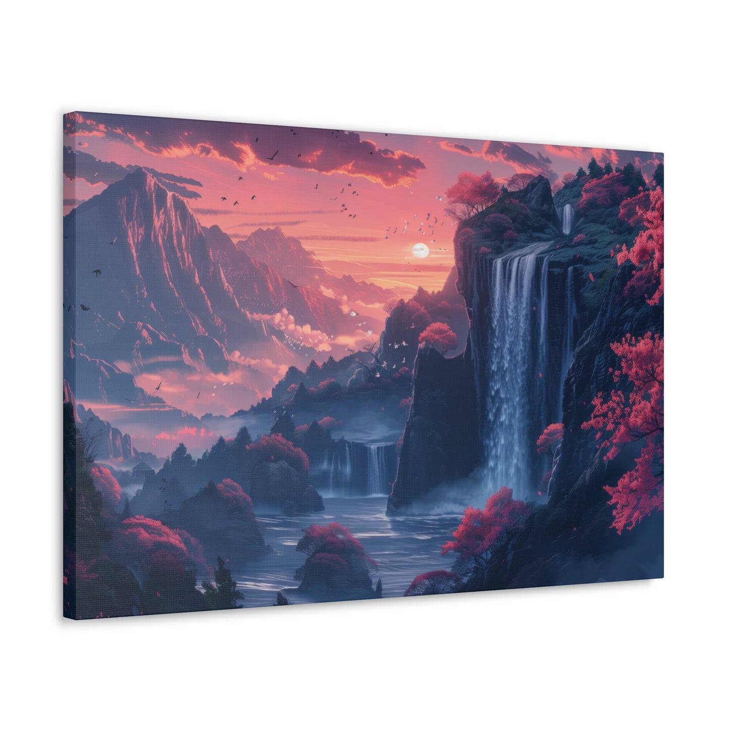 Dreamy Landscape Sunset with Waterfall and Mountains - Digital Illustration Canvas Gallery Wraps