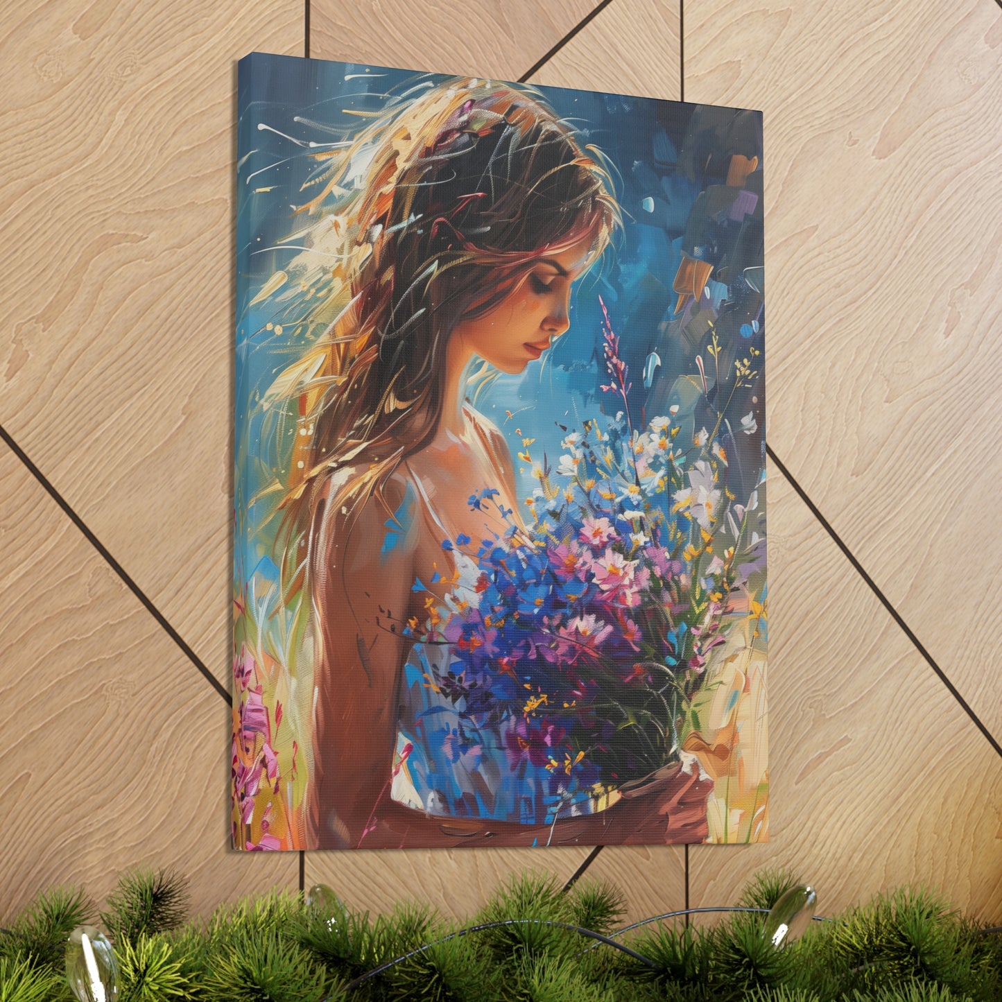 girl holding a flower bouquet - Leonid Afremov Style Digital Print Canvas Gallery Wraps