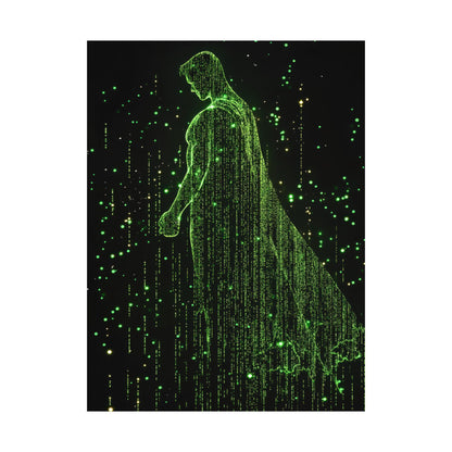 Neon Code Guardian: 3D Glitch Superman Matrix Effect - Digital Illustration Matte Vertical Poster