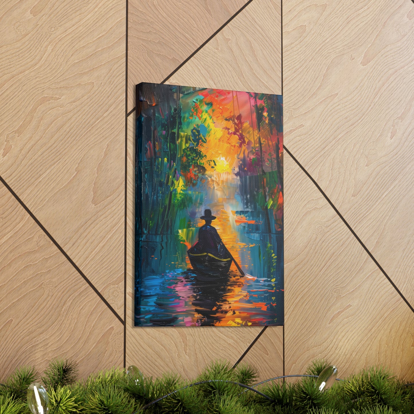 Man Sailing in a Boat in a Autumn Forest River - Claude Monet Style Digital Print Canvas Gallery Wraps