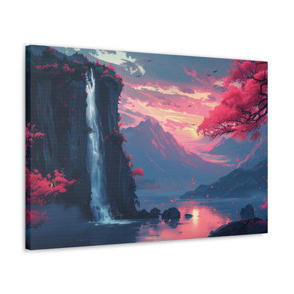 Dreamy Landscape with Waterfall and Mountains - Purple Evening Digital Illustration Canvas Gallery Wraps