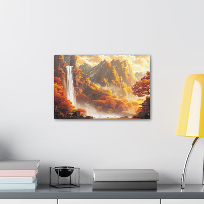 Dreamy Landscape Sunset with Waterfall and Mountains - Digital Illustration Canvas Gallery Wraps