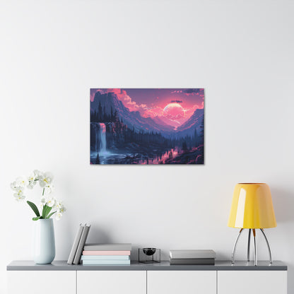 Dreamy Landscape Sunset with Waterfall and Mountains -  Digital Illustration Canvas Gallery Wraps