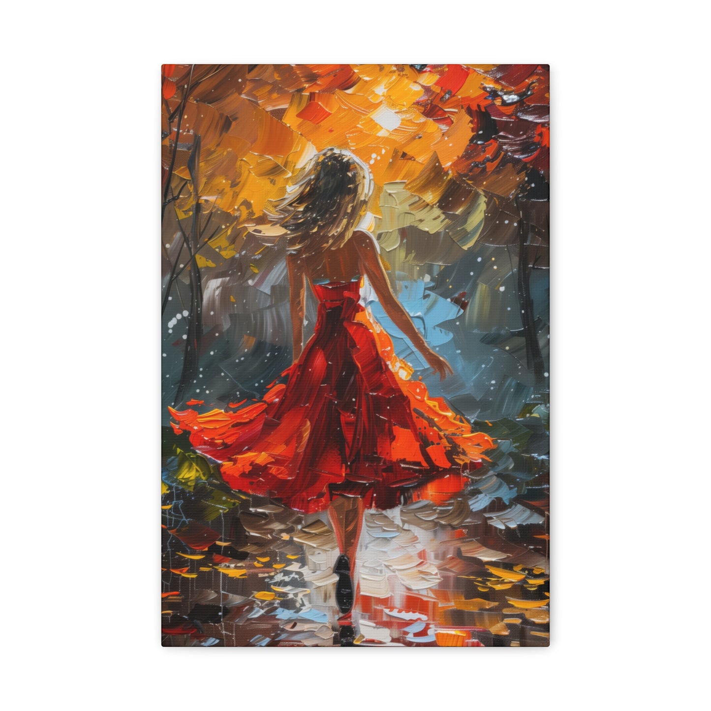 a girl in red dress walking through forest - Leonid Afremov Style Digital Print Canvas Gallery Wraps