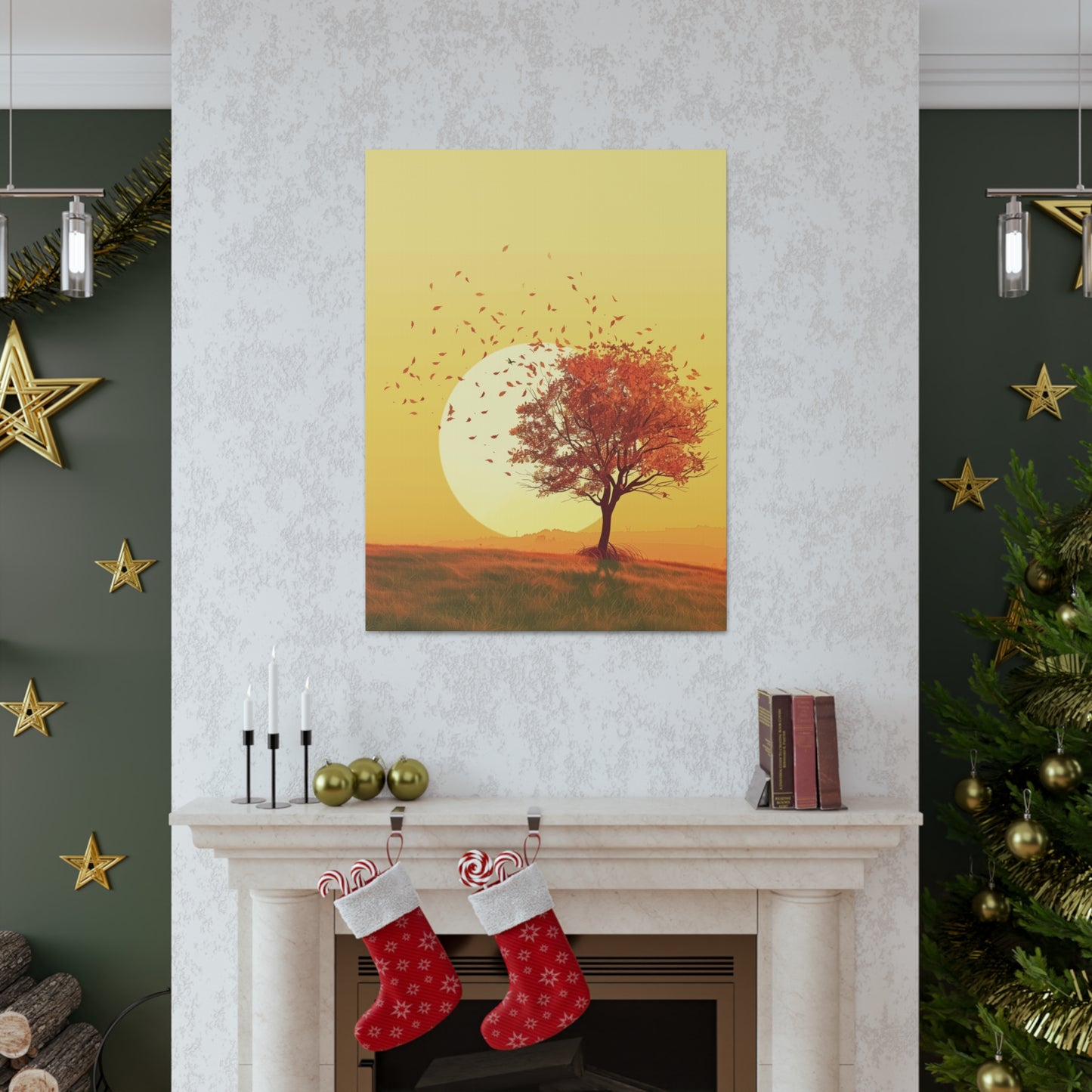 Red Tree in a Golden Sunset Digital Illustration Canvas Gallery Wraps