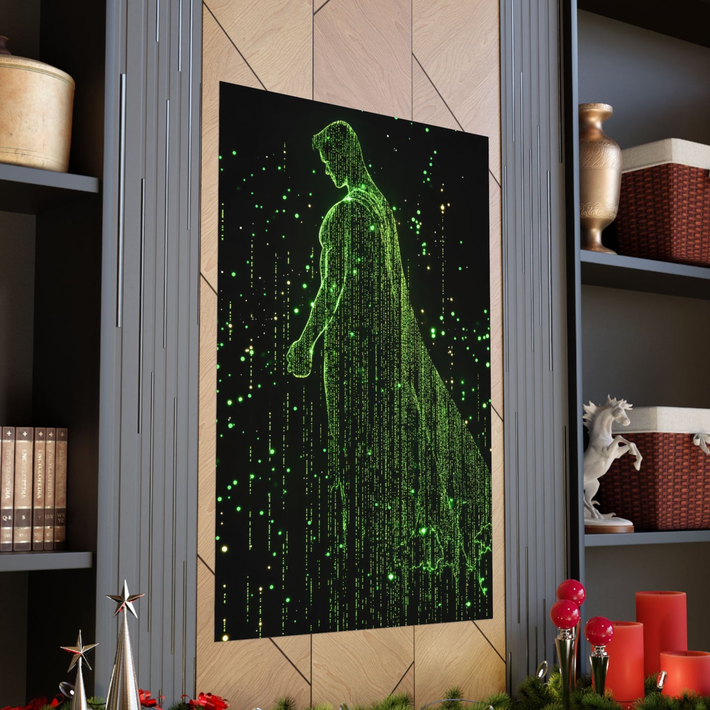 Neon Code Guardian: 3D Glitch Superman Matrix Effect - Digital Illustration Matte Vertical Poster