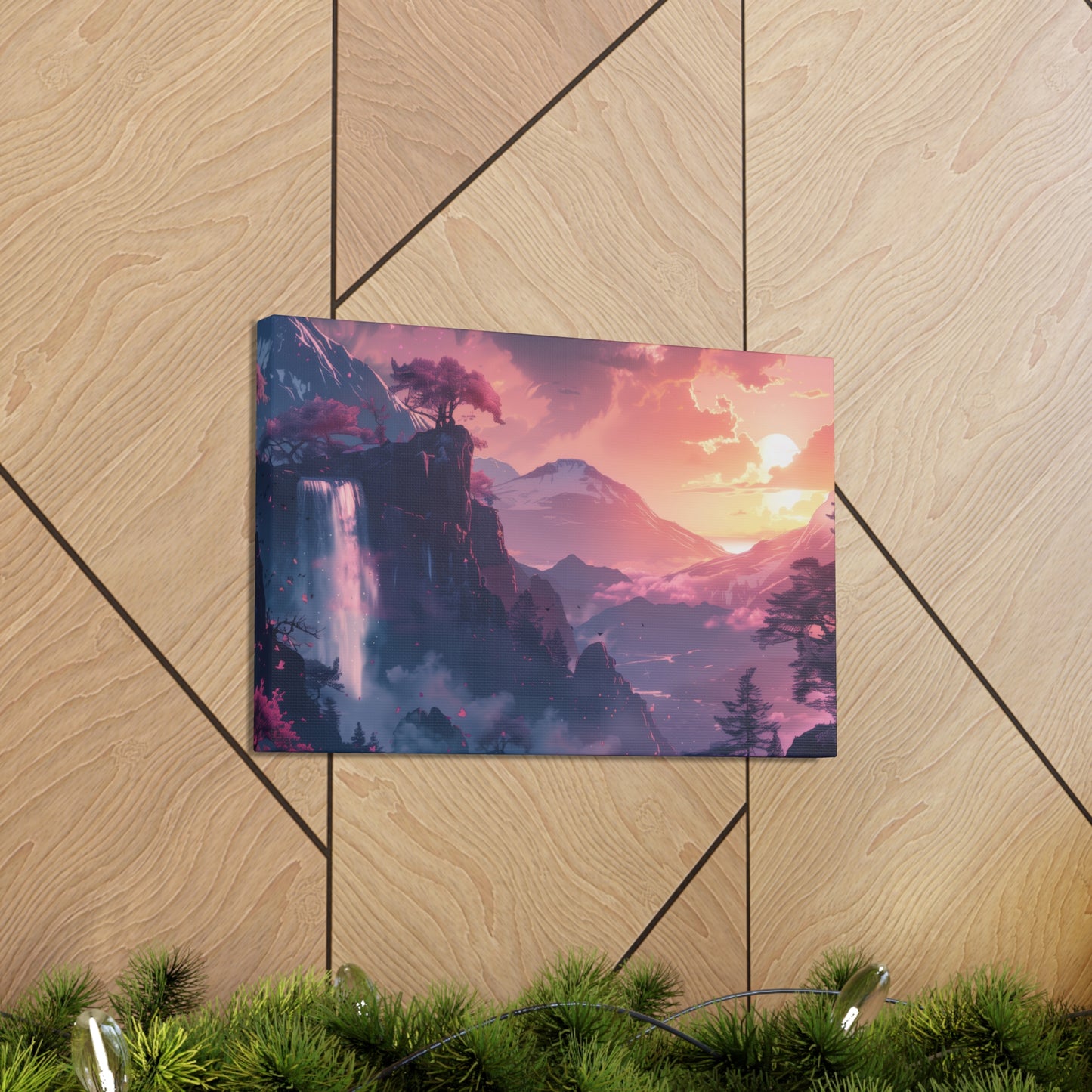 Dreamy Landscape with Waterfall and Mountains - Purple Evening Digital Illustration Canvas Gallery Wraps