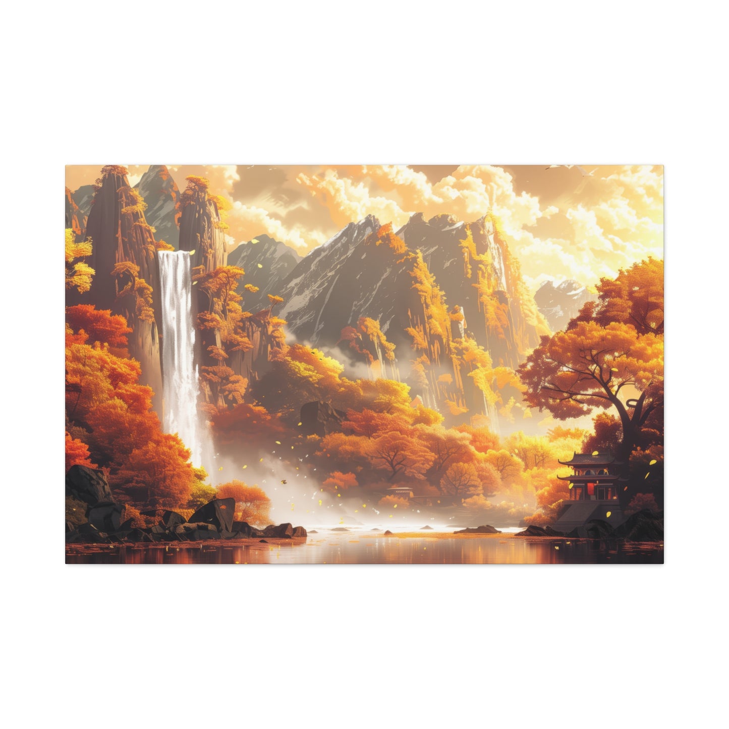 Dreamy Landscape Sunset with Waterfall and Mountains - Digital Illustration Canvas Gallery Wraps