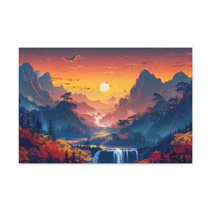 Dreamy Landscape Sunset with Waterfall and Mountains - Digital Illustration Canvas Gallery Wraps