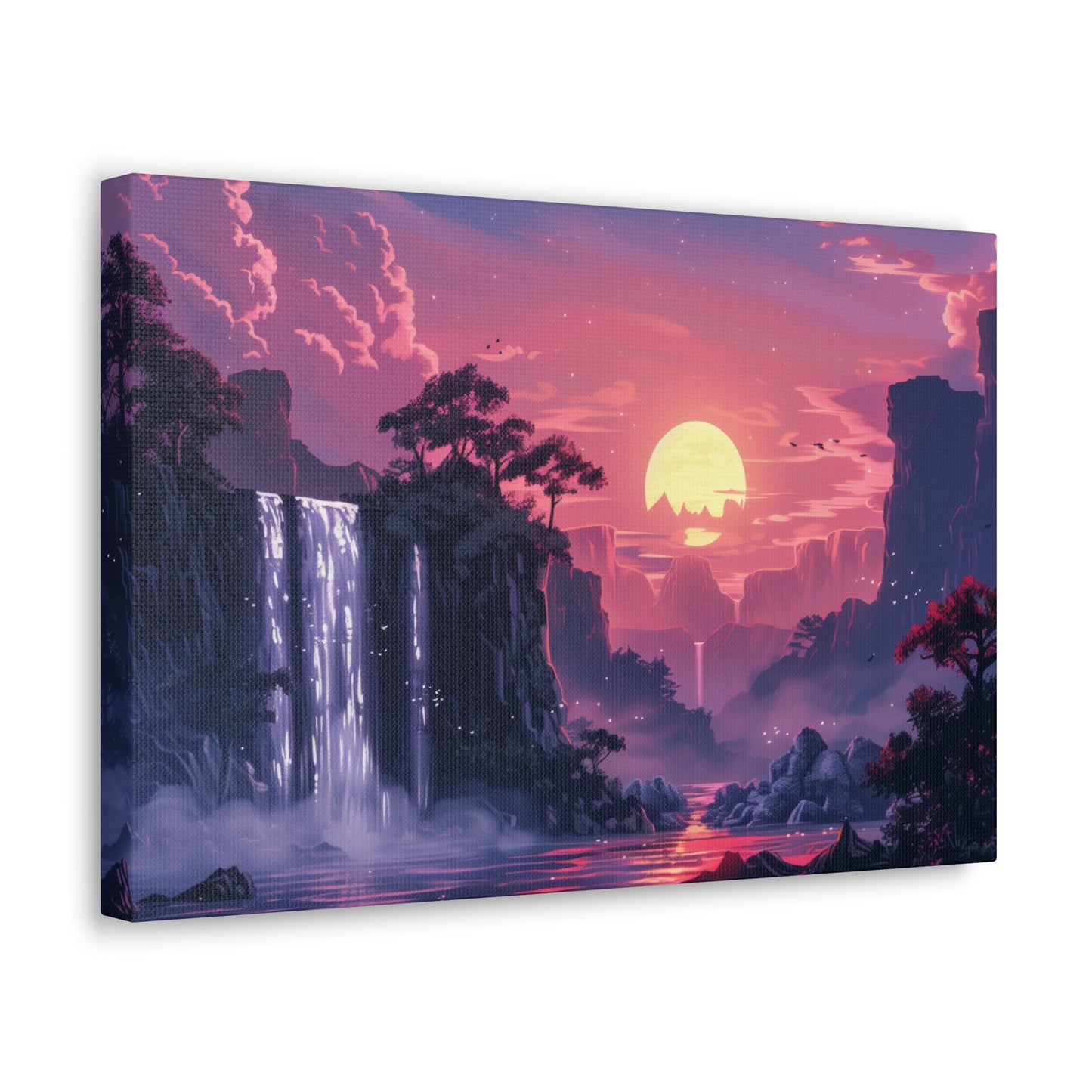 Dreamy Landscape with Waterfall and Mountains - Purple Evening Digital Illustration Canvas Gallery Wraps