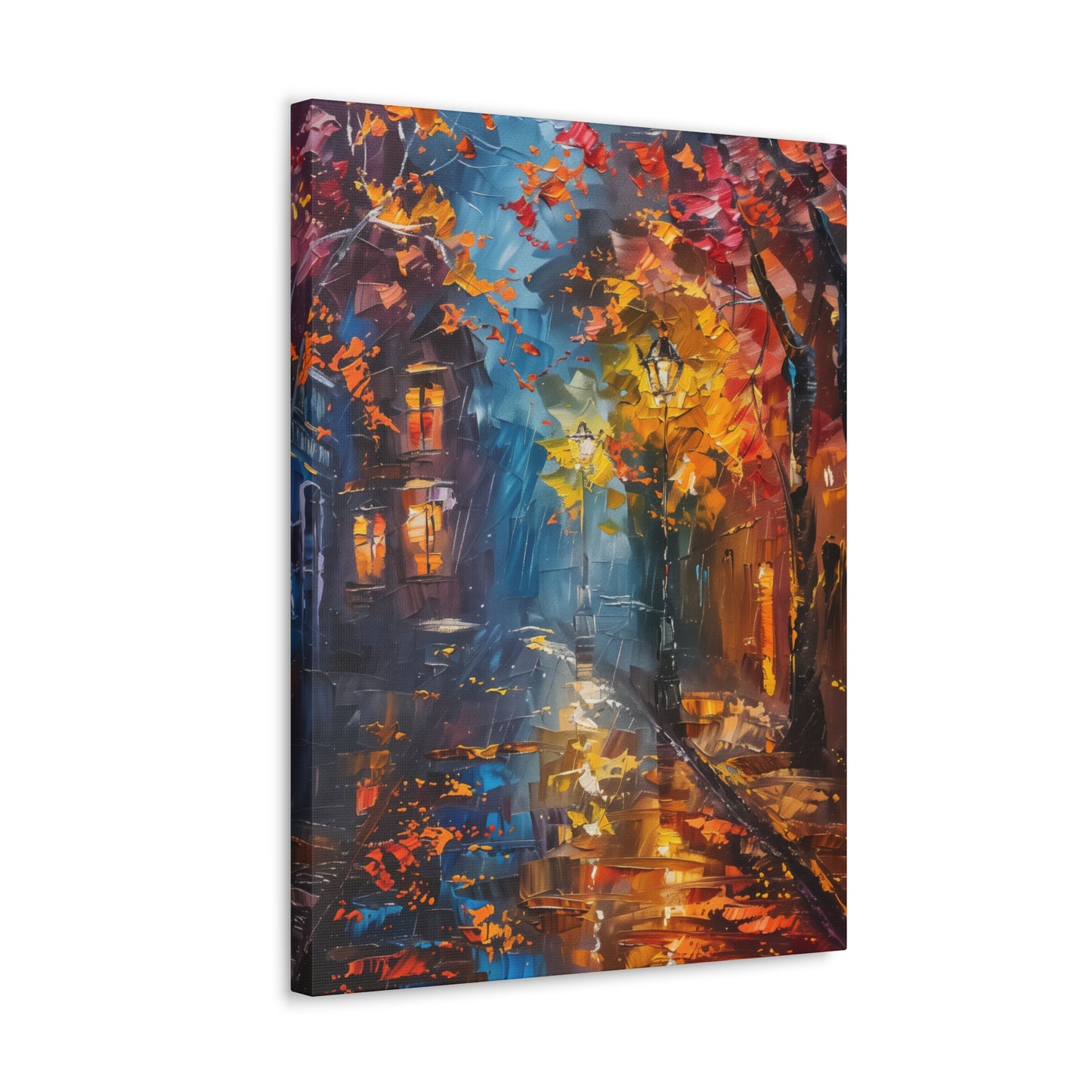 Nighttime Street in Autumn - Leonid Afremov Style Digital Oil Painting Canvas Gallery Wraps