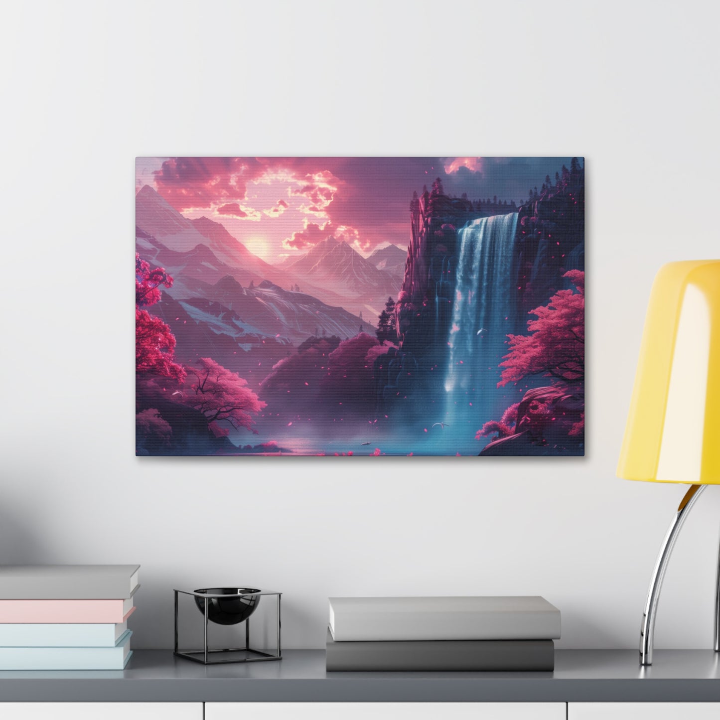 Dreamy Landscape Sunset with Waterfall and Mountains - Digital Illustration Canvas Gallery Wraps