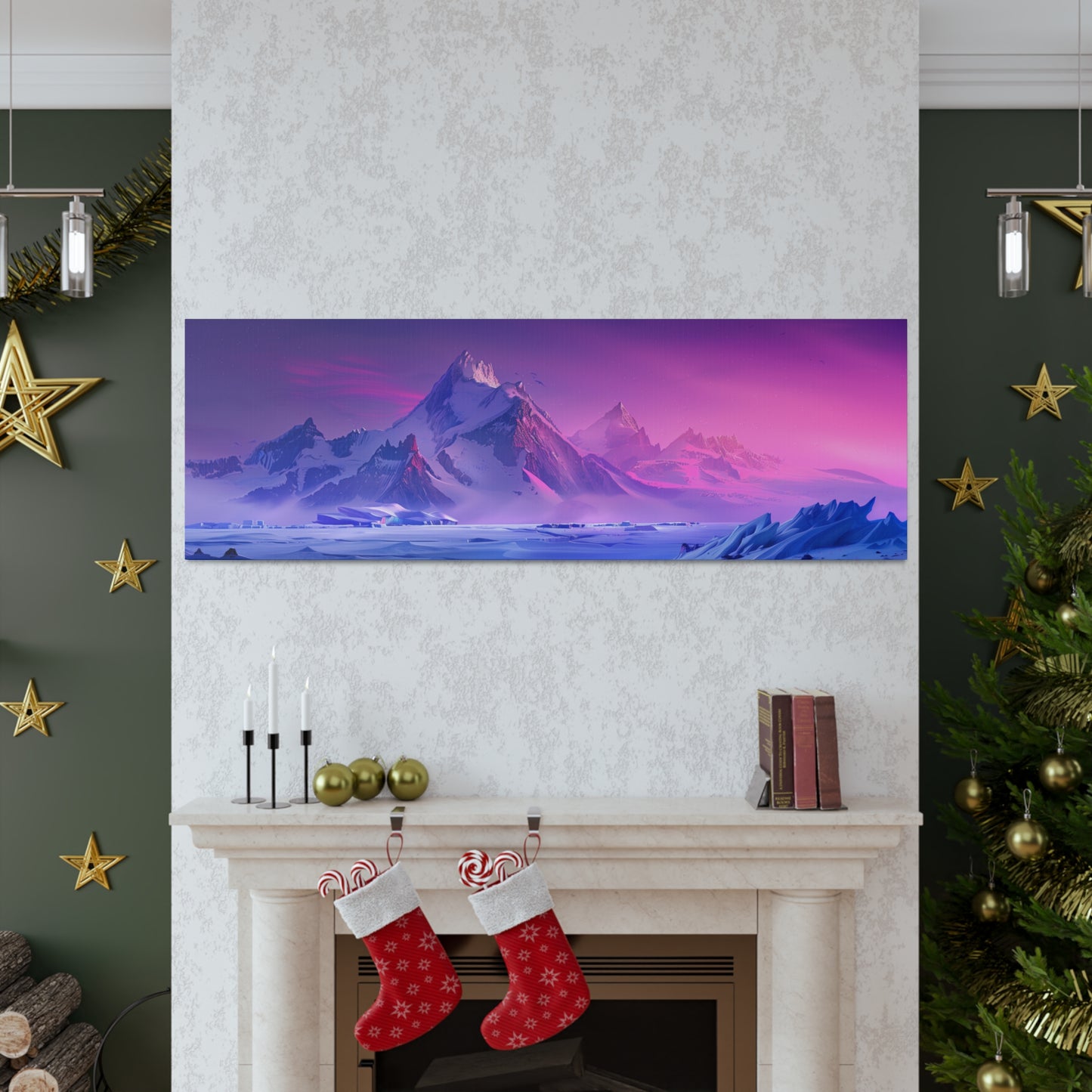 Snowy Mountain Evening in Antarctica - Digital Landscape Illustration Panorama Canvas Gallery Wraps