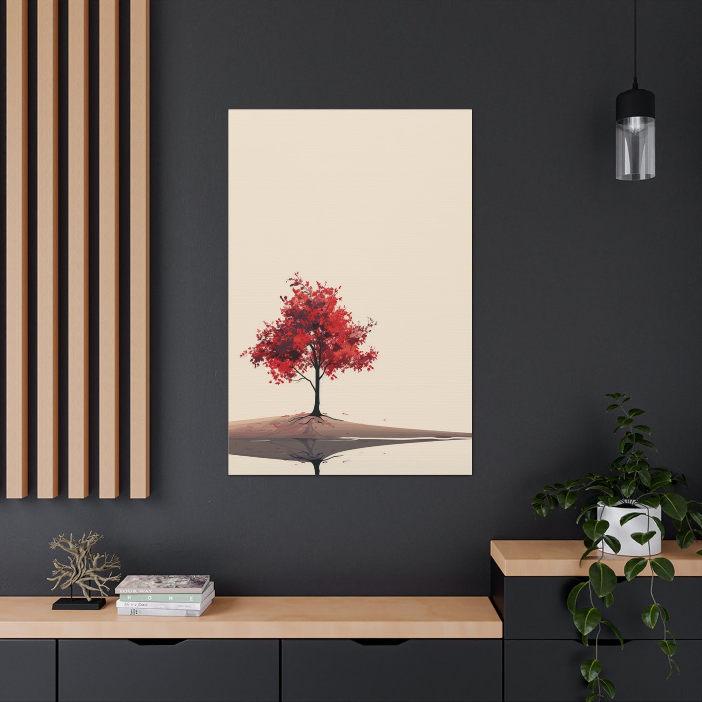 Lone Tree with Red Leaves - Portrait Illustration Canvas Gallery Wraps