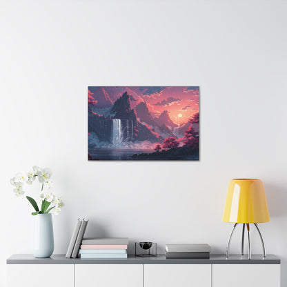 Dreamy Landscape Sunset with Waterfall and Mountains - Digital Illustration Canvas Gallery Wraps