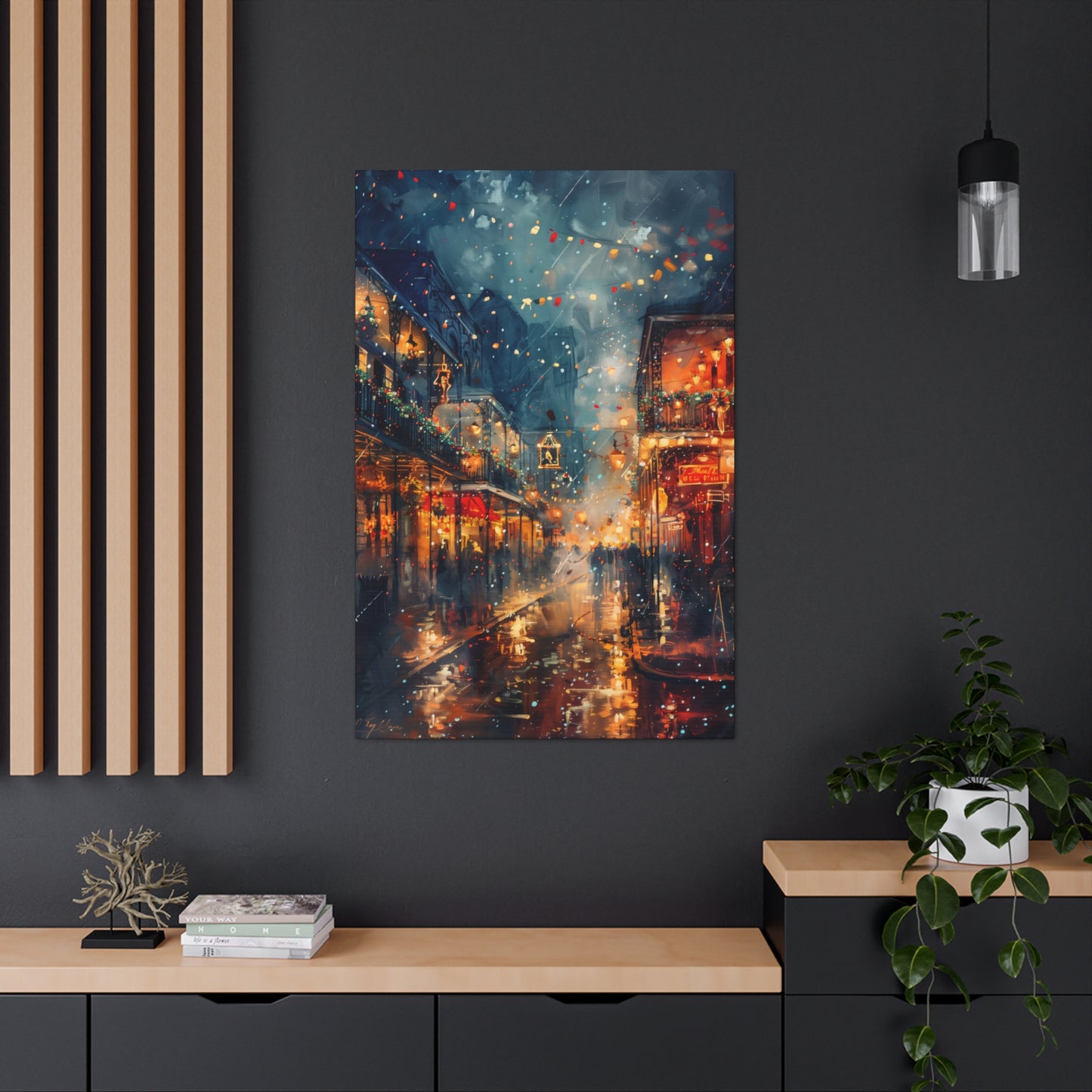 Christmas Street Corner in Downtown - Rembrandt Style Digital Oil Painting  Canvas Gallery Wraps