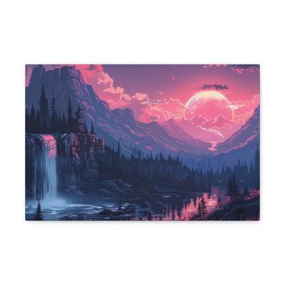 Dreamy Landscape Sunset with Waterfall and Mountains -  Digital Illustration Canvas Gallery Wraps