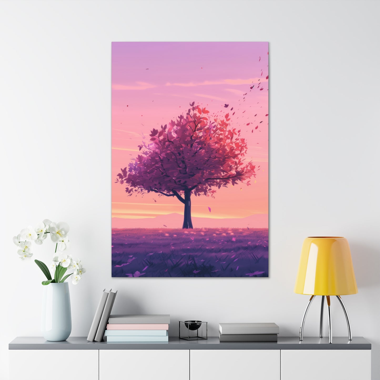 Tree in a Purple Sunset Digital Illustration Canvas Gallery Wraps