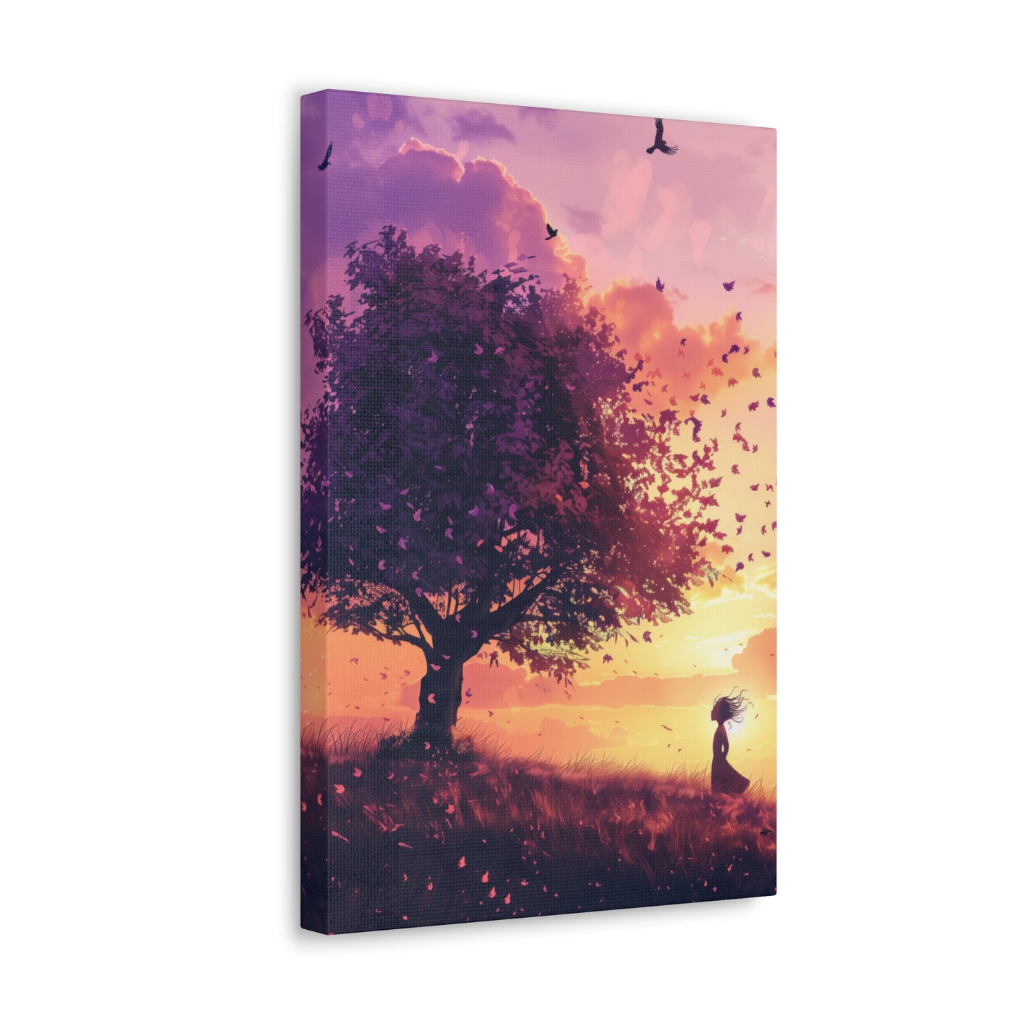 Tree in a Purple Sunset Digital Illustration Canvas Gallery Wraps