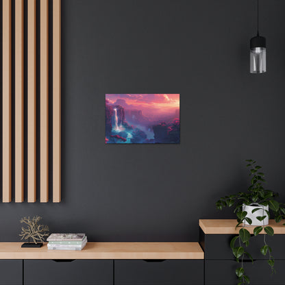 Dreamy Landscape with Waterfall and Mountains - Purple Evening Digital Illustration Canvas Gallery Wraps