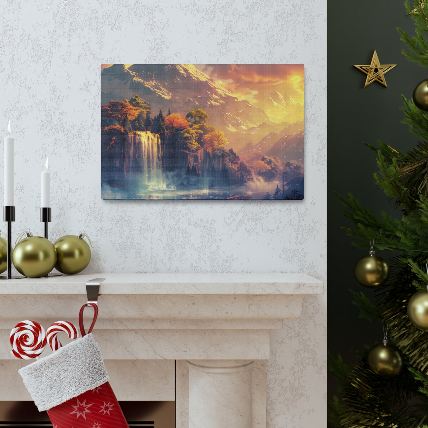 Dreamy Landscape Sunset with Waterfall and Mountains - Digital Illustration Canvas Gallery Wraps