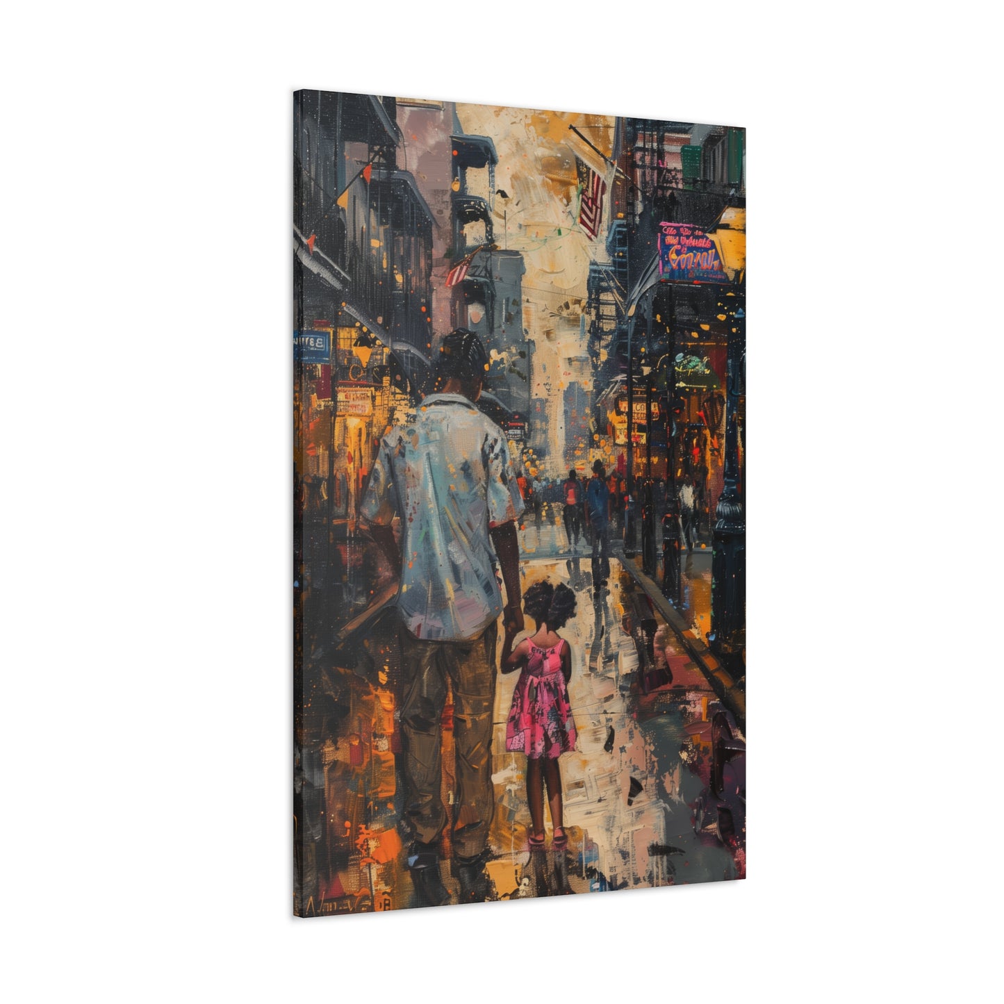 Father and Daughter Walking on the Street - Rembrandt Style Digital Oil Painting Canvas Gallery Wraps